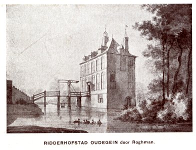 HUA-107439-Gezicht op de voor en zijgevel van het kasteel Oudegein te Jutphaas met links het voorterrein met een gedeelte van een van de bouwhuizen uit het zuido