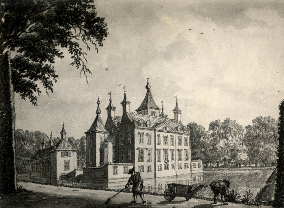 HUA-107449-Gezicht uit het noordwesten op de achtergevel van het kasteel Renswoude te Renswoude met links een van de bouwhuizen aan het voorplein