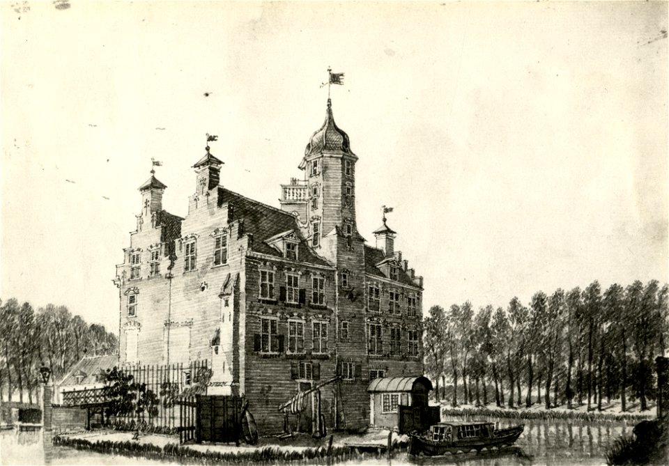 HUA-107486-Gezicht op het omgrachte kasteel Huis Te Vliet bij Lopikerkapel gemeente Lopik uit het noordoosten met linksachter een van de bijgebouwen op het voorp