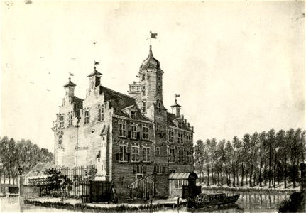 HUA-107486-Gezicht op het omgrachte kasteel Huis Te Vliet bij Lopikerkapel gemeente Lopik uit het noordoosten met linksachter een van de bijgebouwen op het voorp