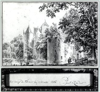 HUA-107354-Gezicht op het kasteel De Haar bij Haarzuilens uit het noordoosten met links op de achtergrond de kapelNB De gemeente Haarzuilens is per 1 januari 195