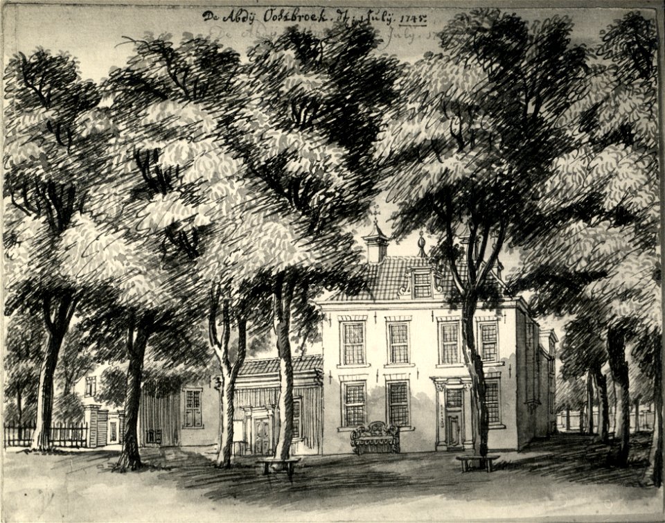 HUA-107432-Gezicht op de voorgevel van het huis Oostbroek bij De Bilt met links een gedeelte van de naastgelegen boerderij