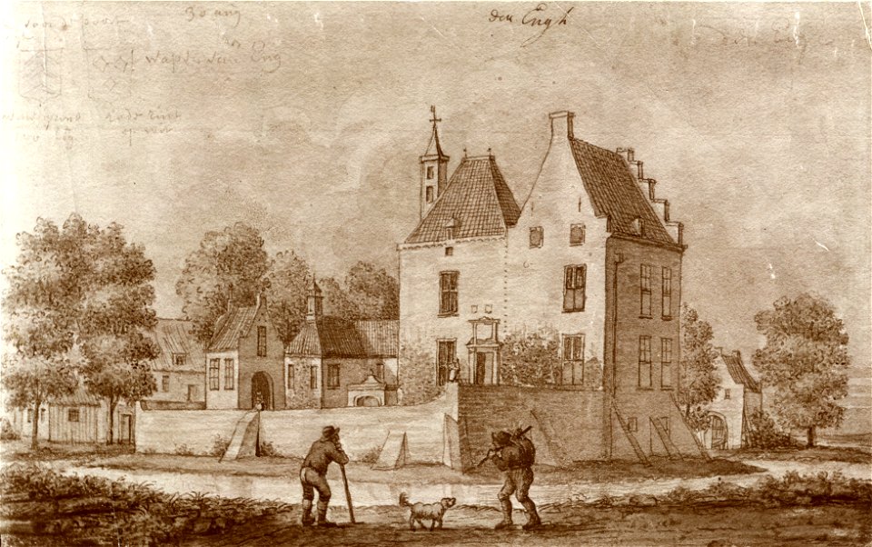 HUA-107330-Gezicht op het kasteel Den Engh bij Vleuten uit het oosten met rechts op de achtergrond de buitenpoortNB De gemeente Vleuten De Meern is per 1 jan 200