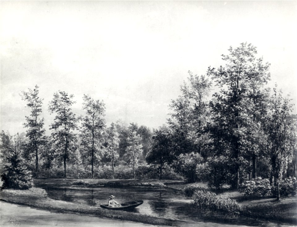 HUA-107345-Gezicht in het park bij het huis Gunterstein te Breukelen met een vijver met een vrouw in een roeiboot