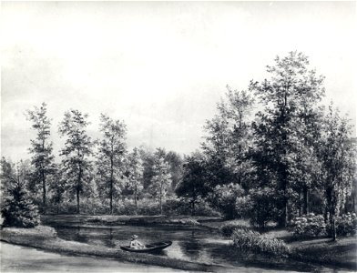 HUA-107345-Gezicht in het park bij het huis Gunterstein te Breukelen met een vijver met een vrouw in een roeiboot