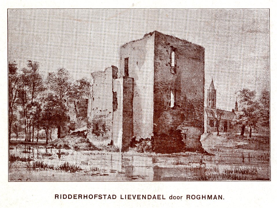 HUA-107385-Gezicht op de ruïne van het kasteel Lievendaal bij Amerongen uit het zuidoosten met op de achtergrond de kerktoren van Amerongen