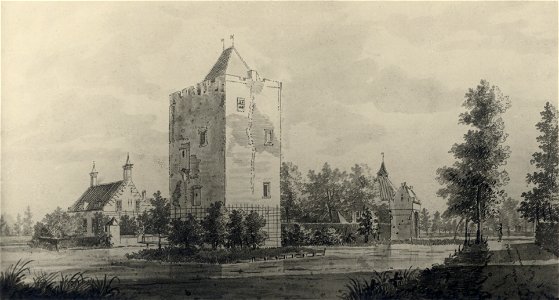 HUA-107401-Gezicht op de zuidwest en zuidoostgevel van de woontoren van het huis Lunenburg te Nederlangbroek restant van het middeleeuwse kasteel Lunenburg met l