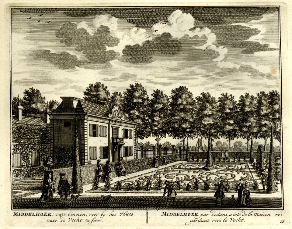 HUA-135640-Gezicht op de buitenplaats Middenhoek bij Loenen met het huis en de daarvoor gelegen tuin met een broderieparterre en op de achtergrond de bomen langs