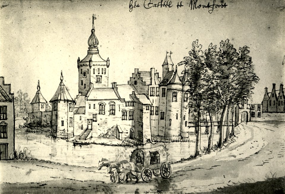 HUA-107412-Gezicht op het omgrachte kasteel Montfoort te Montfoort met links en rechts stedelijke bebouwing en op de voorgrond een huifkar
