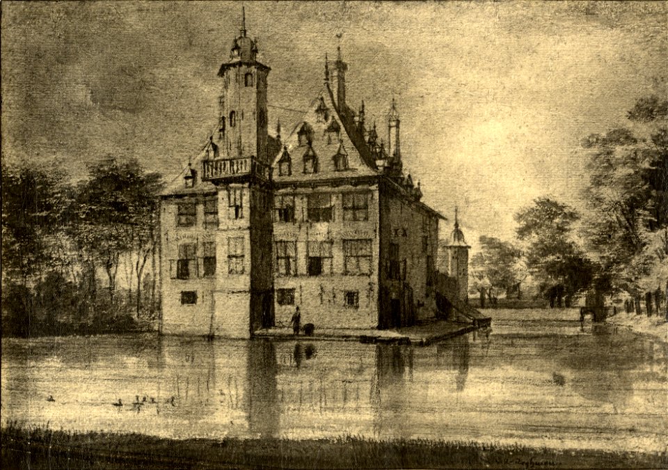 HUA-107490-Gezicht op de achter en de zijgevel van het omgrachte kasteel Voorn te De Meern met op de achtergrond een van de twee duiventorens op de hoeken van he
