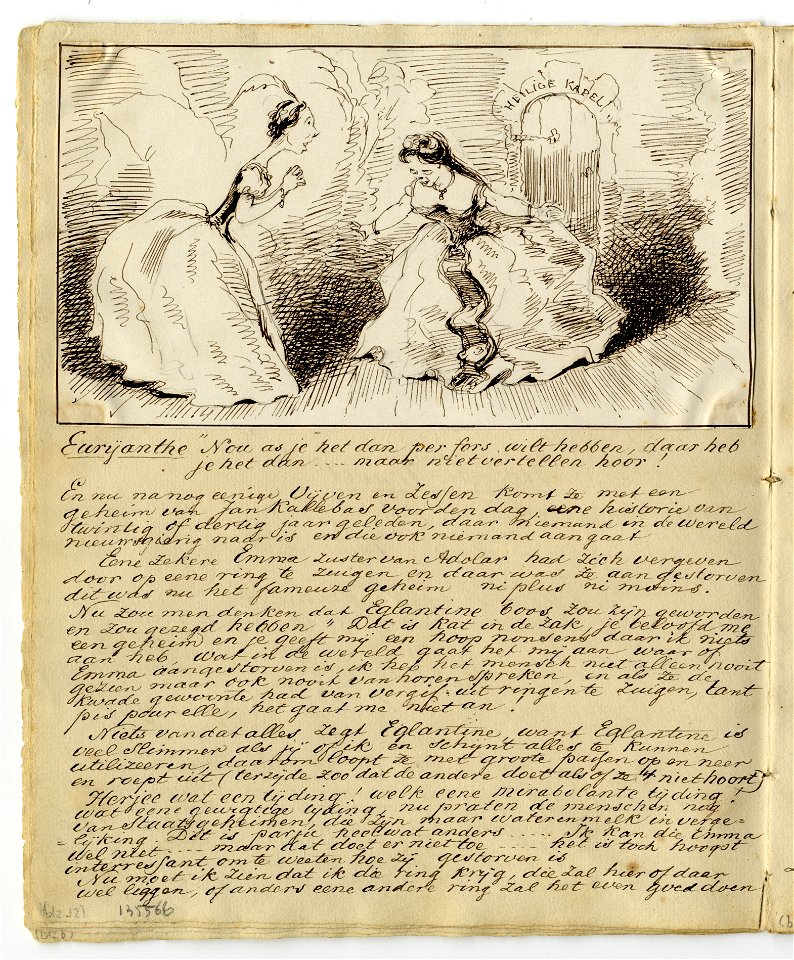 HUA-135566-Afbeelding van een pagina met een tekening van twee toneelspeelsters en geschreven commentaar op de opera Euryanthe van Carl Maria von Weber op 25 maa