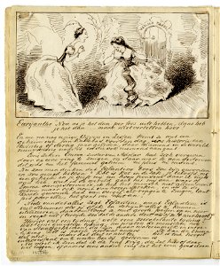 HUA-135566-Afbeelding van een pagina met een tekening van twee toneelspeelsters en geschreven commentaar op de opera Euryanthe van Carl Maria von Weber op 25 maa