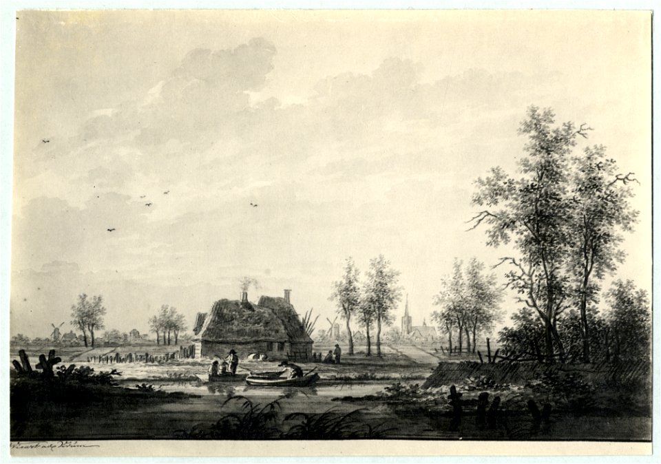 HUA-107595-Gezicht op een landschap met een boerderij aan een riviertje en op de achtergrond het dorp Lopik