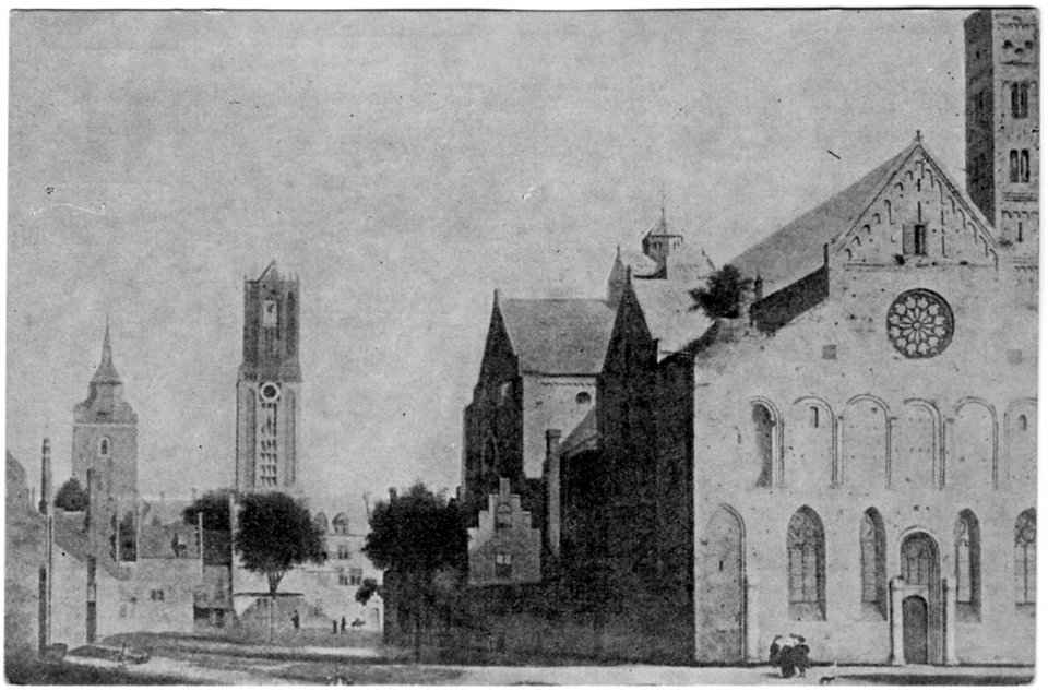 HUA-123868- Prentbriefkaart Gezicht op de Mariaplaats met de Mariakerk te Utrecht uit het noordwesten met op de achtergrond enkele claustrale huizen aan de oostk