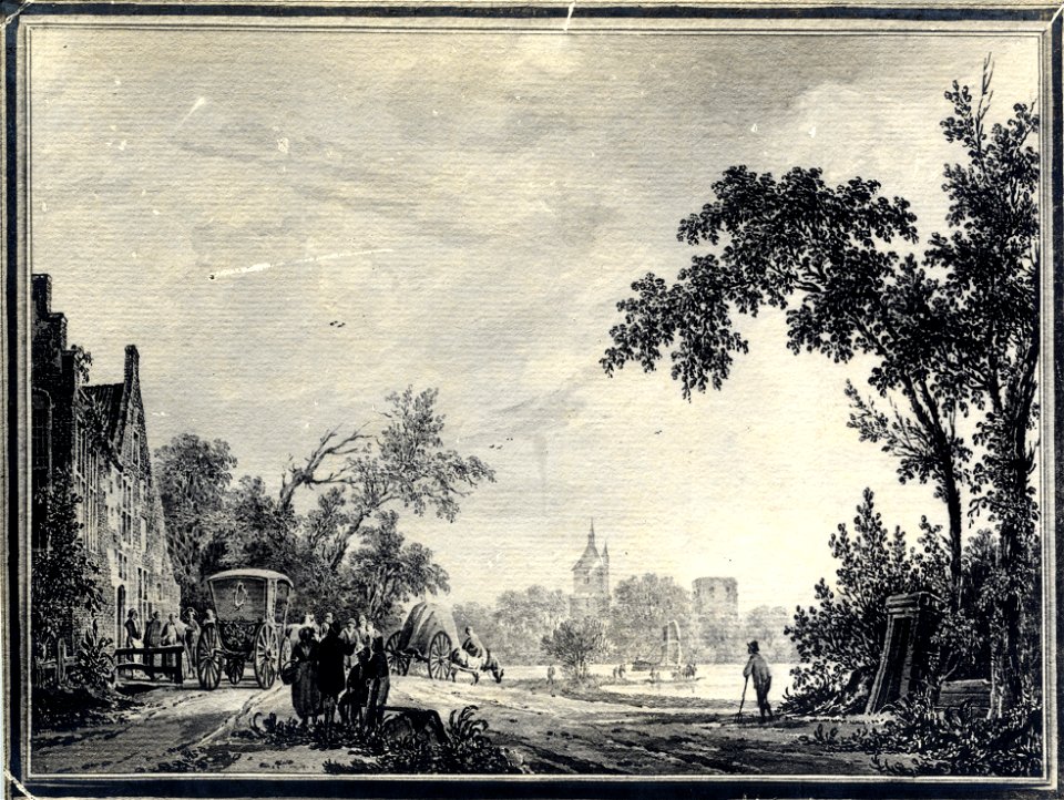 HUA-107670-Gezicht op een landschap in de buurt van Wijk bij Duurstede met links een groot huis logement en op de achtergrond het kasteel Duurstede