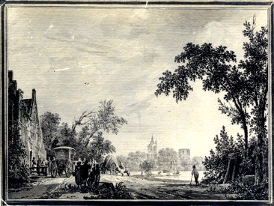 HUA-107670-Gezicht op een landschap in de buurt van Wijk bij Duurstede met links een groot huis logement en op de achtergrond het kasteel Duurstede