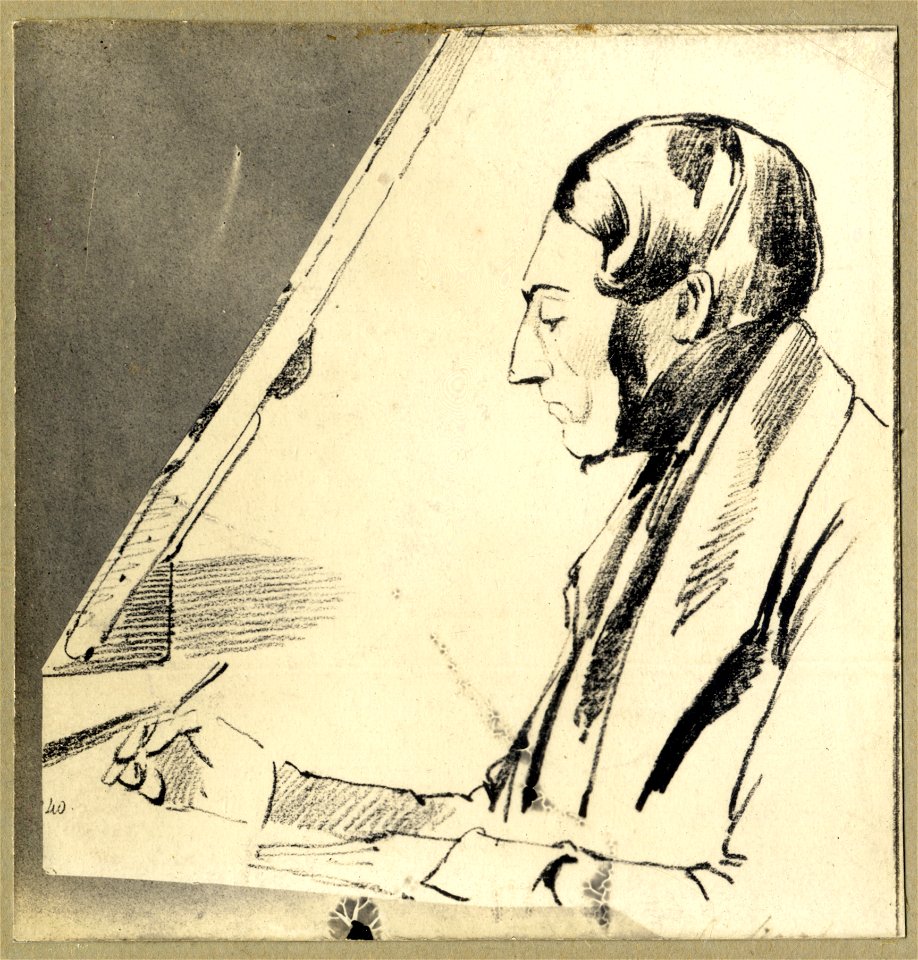 HUA-105531-Portret van Johannes van Liefland geboren 1809 kunstschilder te Utrecht en schrijver over Utrechts verleden overleden 1861 Borstbeeld links zittend te