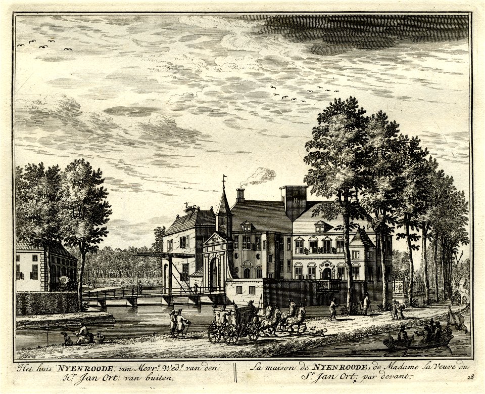 HUA-135613-Gezicht vanaf de Vecht en de straatweg langs de Vecht op het kasteel Nijenrode bij Breukelen uit het zuidoosten met links het stalgebouw en de brug tu