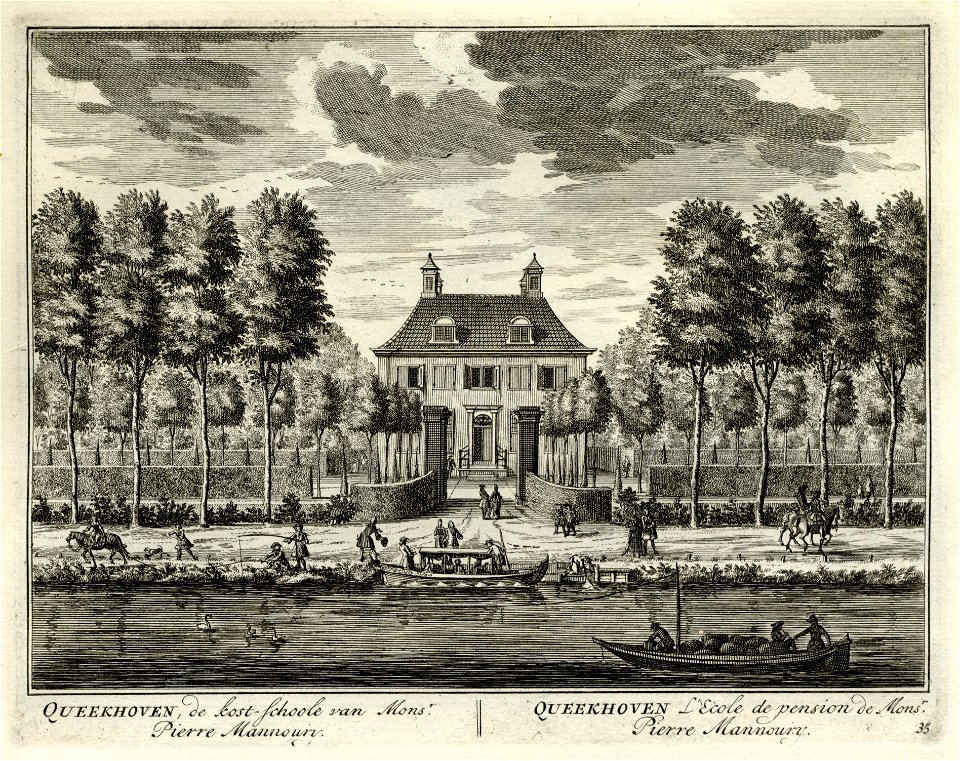 HUA-135620-Gezicht over de Vecht op de voorgevel van het huis Queeckhoven bij Breukelen met aan weerszijden de tuin voor het huis