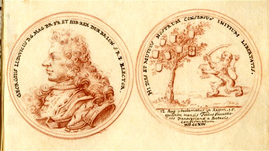 HUA-135533-Links afbeelding van een penning met het portret van koning George I van EngelandRechts afbeelding van de keerzijde van de penning met een boom waarin