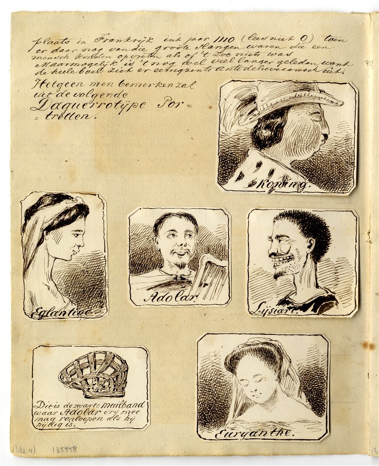 HUA-135558-Afbeelding van een pagina met portretten van de belangrijkste personages van de opera Euryanthe van Carl Maria von Weber op 25 maart 1861 in de Utrech