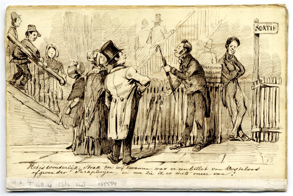 HUA-135554-Afbeelding van de heer Pirantoon die bij het verlaten van de tentoonstelling bezwaar maakt tegen het betalen voor een in bewaring gegeven paraplu