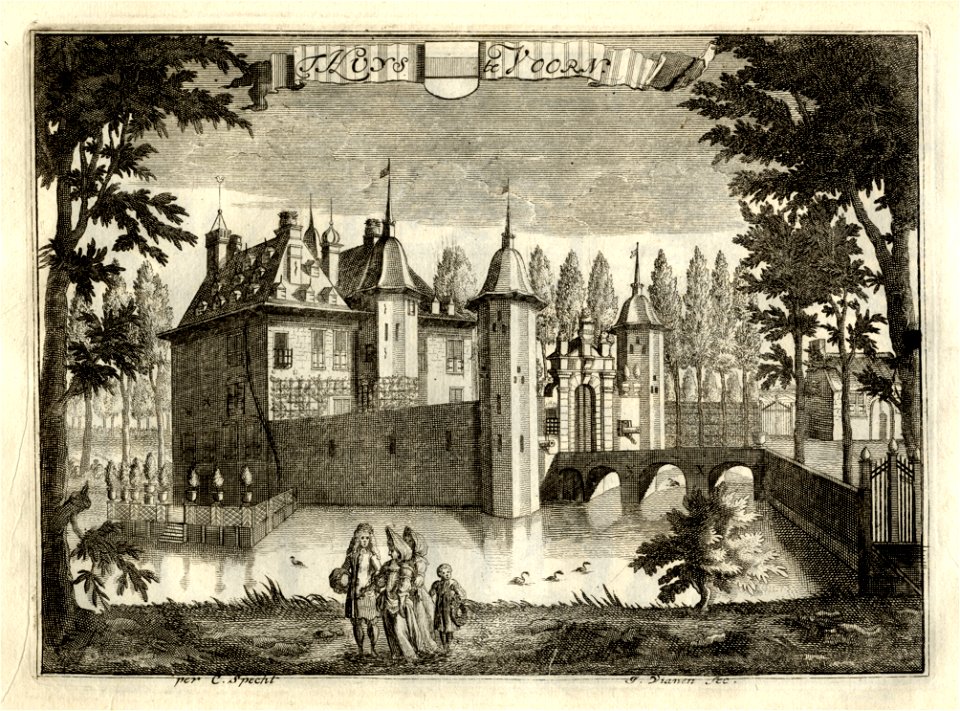 HUA-135345-Gezicht op het omgrachte kasteel Voorn te De Meern met het ommuurde voorplein met twee duiventorens op de hoeken en rechts een gedeelte van de voorbur