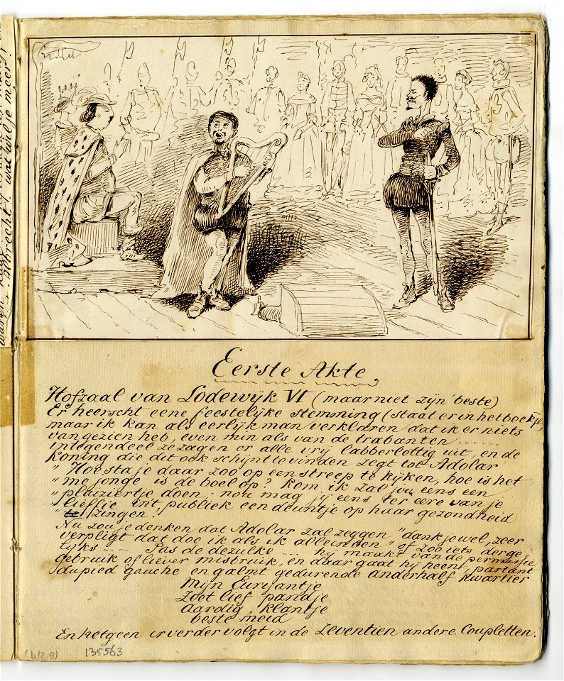 HUA-135563-Afbeelding van een pagina met een tekening van een scene in de eerste actie van de opera Euryanthe van Carl Maria von Weber op 25 maart 1861 in de Utr