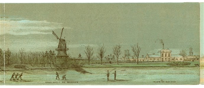 HUA-135009-Gezicht op het Paardenveld te Utrecht met de molen De Meiboom en rechts een was en badhuis de latere Wasch en Badinrichting van W de Rijk
