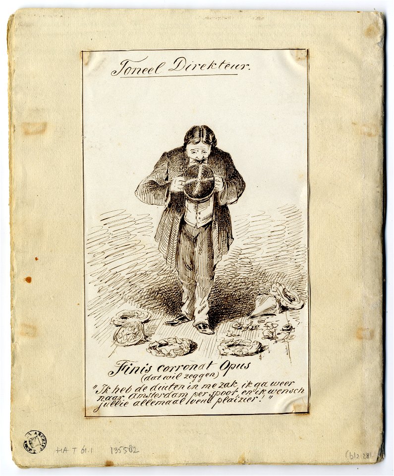 HUA-135582-Afbeelding van een pagina met een tekening van de regisseur van de opera Euryanthe van Carl Maria von Weber na afloop van de uitvoering op 25 maart 18
