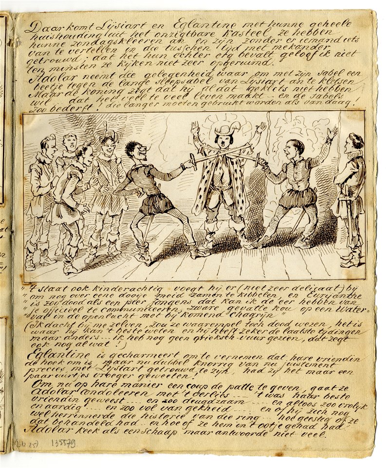 HUA-135579-Afbeelding van een pagina met een tekening van een scene uit de opera Euryanthe van Carl Maria von Weber op 25 maart 1861 in de Utrechtse schouwburg u