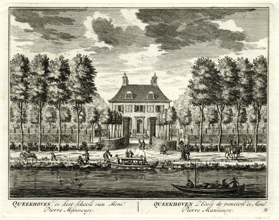 HUA-135724-Gezicht over de Vecht op de voorgevel van het huis Queeckhoven bij Breukelen met aan weerszijden de tuin voor het huis