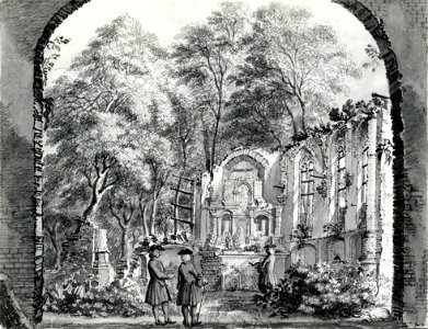 HUA-107352-Gezicht in de ruïne van de kapel van het kasteel De Haar bij Haarzuilens met op de voorgrond een marmeren altaarNB De gemeente Haarzuilens is per 1 ja