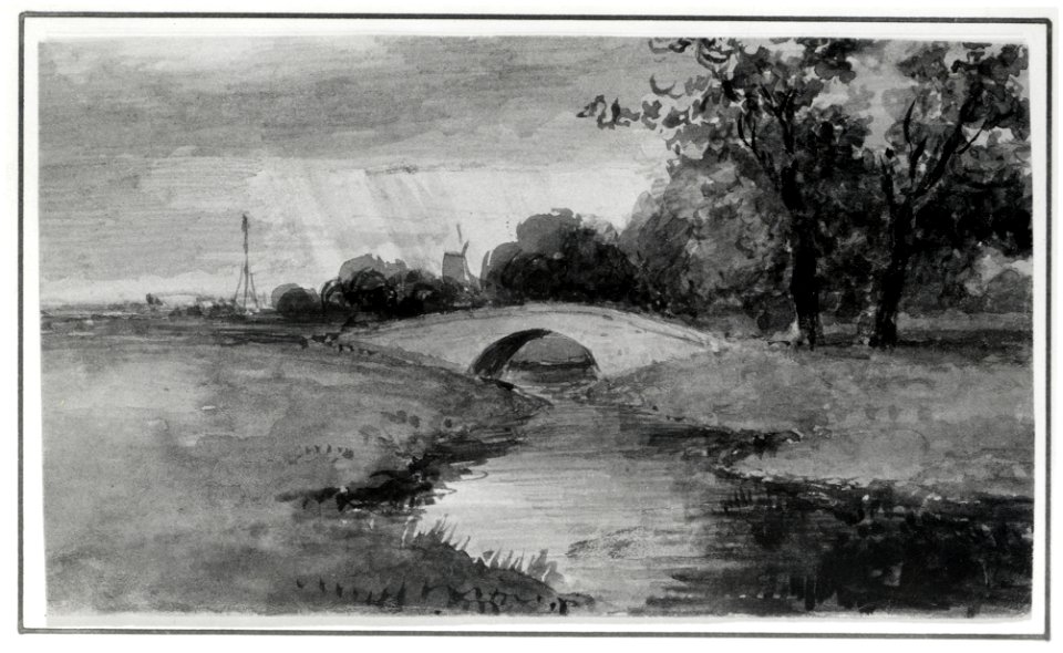 HUA-107557-Gezicht op een landschap met een stenen brug over een beek in de omgeving van Bunnik