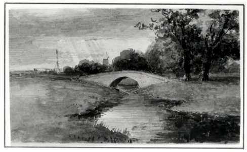 HUA-107557-Gezicht op een landschap met een stenen brug over een beek in de omgeving van Bunnik