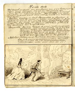 HUA-135574-Afbeelding van een pagina met een tekening van een scene uit de opera Euryanthe van Carl Maria von Weber op 25 maart 1861 in de Utrechtse schouwburg u