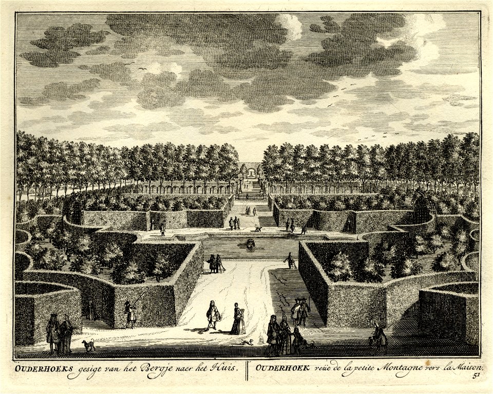 HUA-135636-Gezicht vanaf het zogeheten Bergje in de tuin achter het huis Ouderhoek aan de Vecht bij Nieuwersluis de achterste vijver omgeven door geschoren hagen