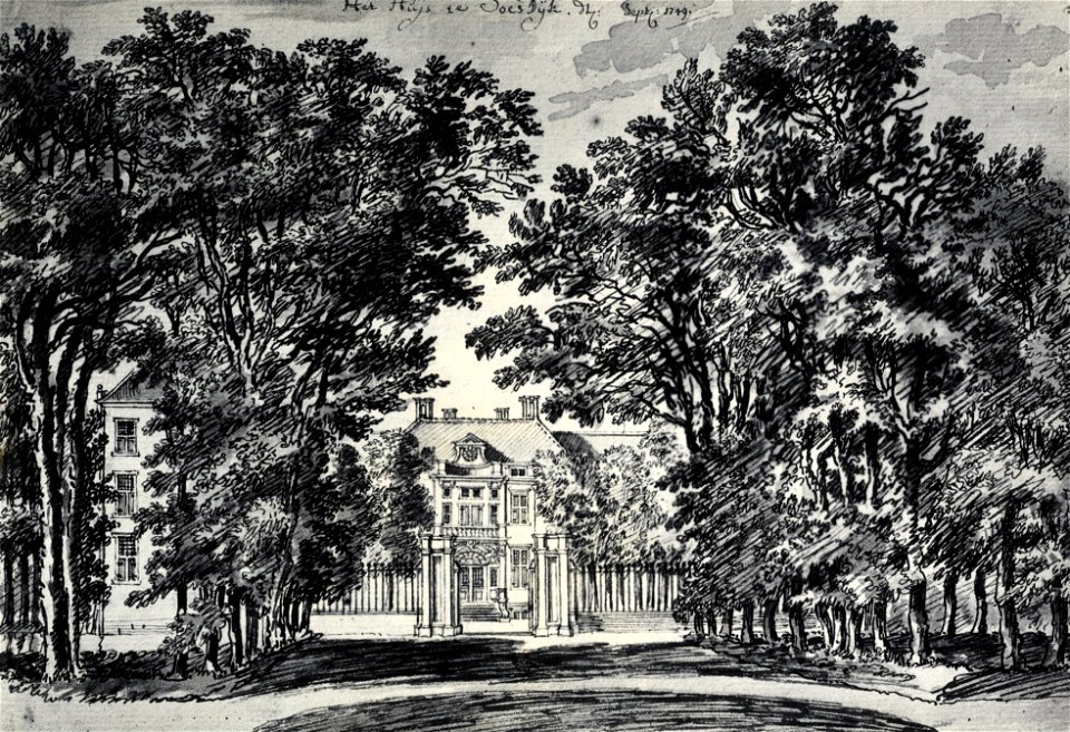 HUA-107470-Gezicht op het toegangshek en een gedeelte van de voorgevel van het huis Soestdijk te Baarn