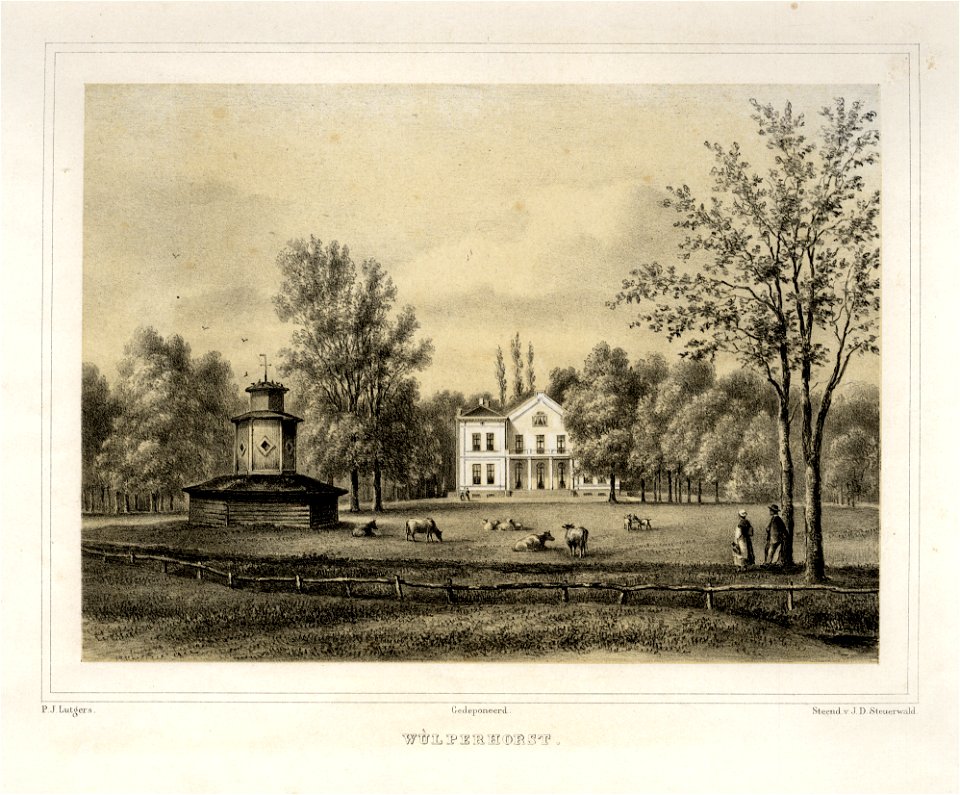 HUA-135872-Gezicht op de voorgevel van het huis Wulperhorst bij Zeist met in het weiland voor het huis een duiventil gebouwd op een schuur of stal