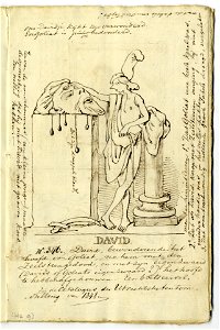 HUA-135546-Afbeelding van een geboetseerde beeldengoep voorstellende David met het hoofd van Goliath met geschreven commentaar