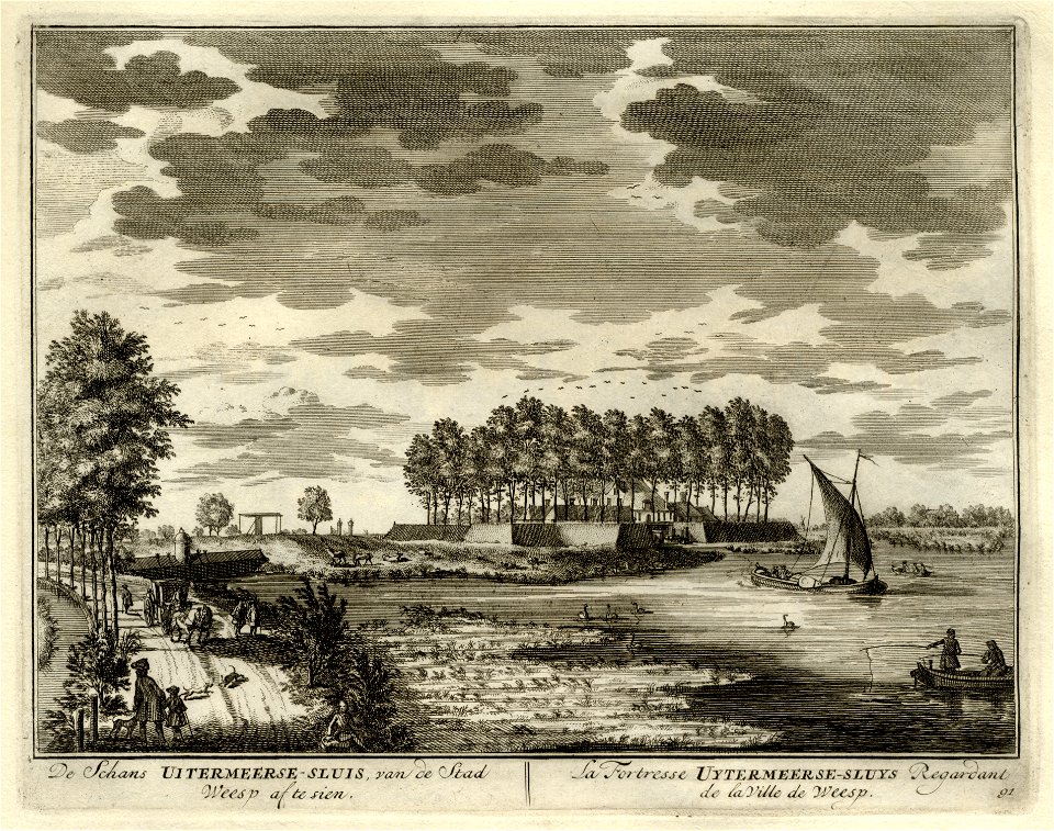 HUA-135676-Gezicht uit het noorden op de Vecht tussen Hinderdam en Weesp met het fort Uitermeer en de Uitermeerse sluis