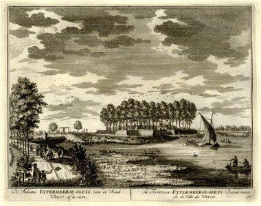 HUA-135676-Gezicht uit het noorden op de Vecht tussen Hinderdam en Weesp met het fort Uitermeer en de Uitermeerse sluis