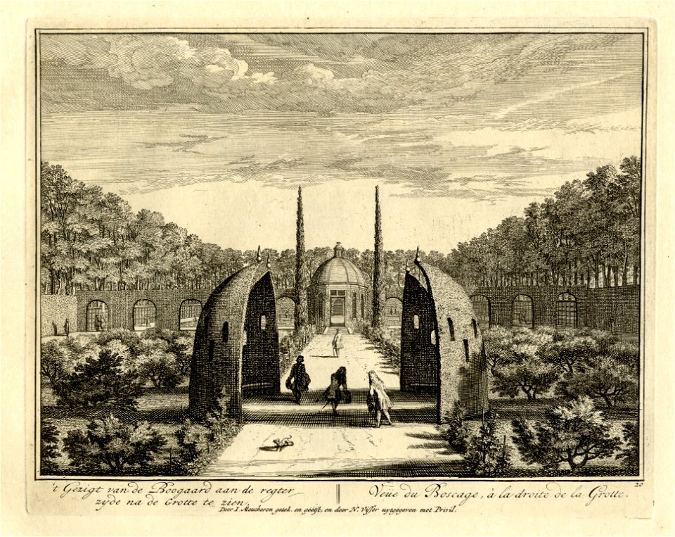 HUA-135969-Gezicht in de tuin van de buitenplaats Heemstede te Houten de boomgaard met in het midden vier loofwerkpriëlen en op de achtergrond een grotwerkpavilj