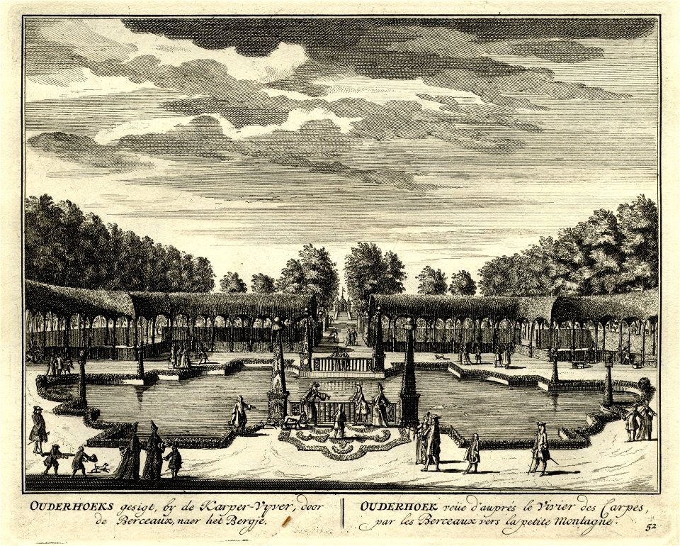 HUA-135637-Gezicht in de tuin achter het huis Ouderhoek aan de Vecht bij Nieuwersluis de karpervijver omgeven door berceaux met op de achtergrond het zogeheten B