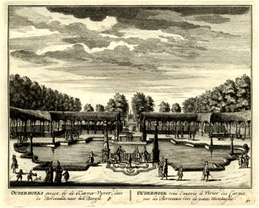 HUA-135637-Gezicht in de tuin achter het huis Ouderhoek aan de Vecht bij Nieuwersluis de karpervijver omgeven door berceaux met op de achtergrond het zogeheten B