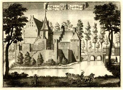 HUA-135384-Gezicht op het omgrachte kasteel Rhijnauwen te Bunnik uit het noorden met rechts de brug naar de voorburcht. Free illustration for personal and commercial use.