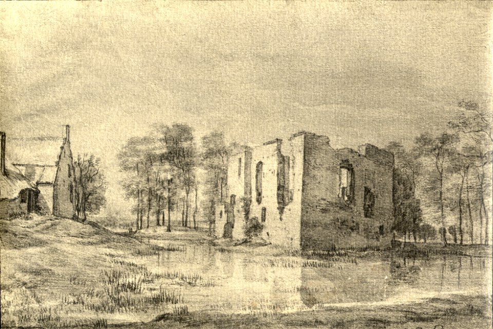 HUA-107386-Gezicht op de ruïne van het kasteel Lievendaal bij Amerongen uit het noordwesten met links een gedeelte van de kasteelboerderij