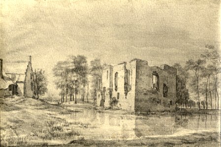 HUA-107386-Gezicht op de ruïne van het kasteel Lievendaal bij Amerongen uit het noordwesten met links een gedeelte van de kasteelboerderij