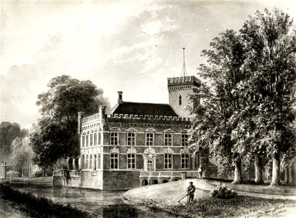 HUA-107429-Gezicht over de Vecht op de oost en de noordgevel van het kasteel Nijenrode bij Breukelen met de noordelijke toegangsbrugNB Het kasteel heeft tegenwoo