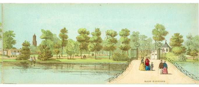 HUA-135026-Gezicht over de Maliebrug met het dubbele hek en het douanekantoortje de Maliebarrière te Utrecht op het singelplantsoen met geheel links een gedeelte